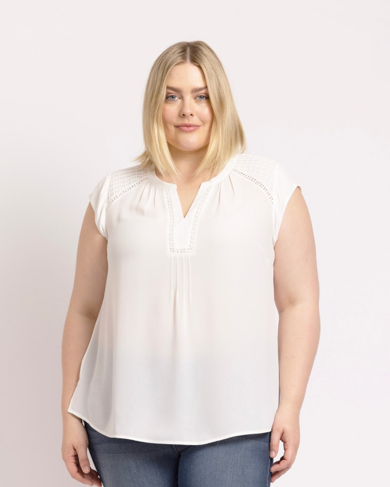 Front of a model wearing a size 2X Adalee Cap Sleeve Top with Lace in IVORY by Daniel Rainn. | dia_product_style_image_id:293232